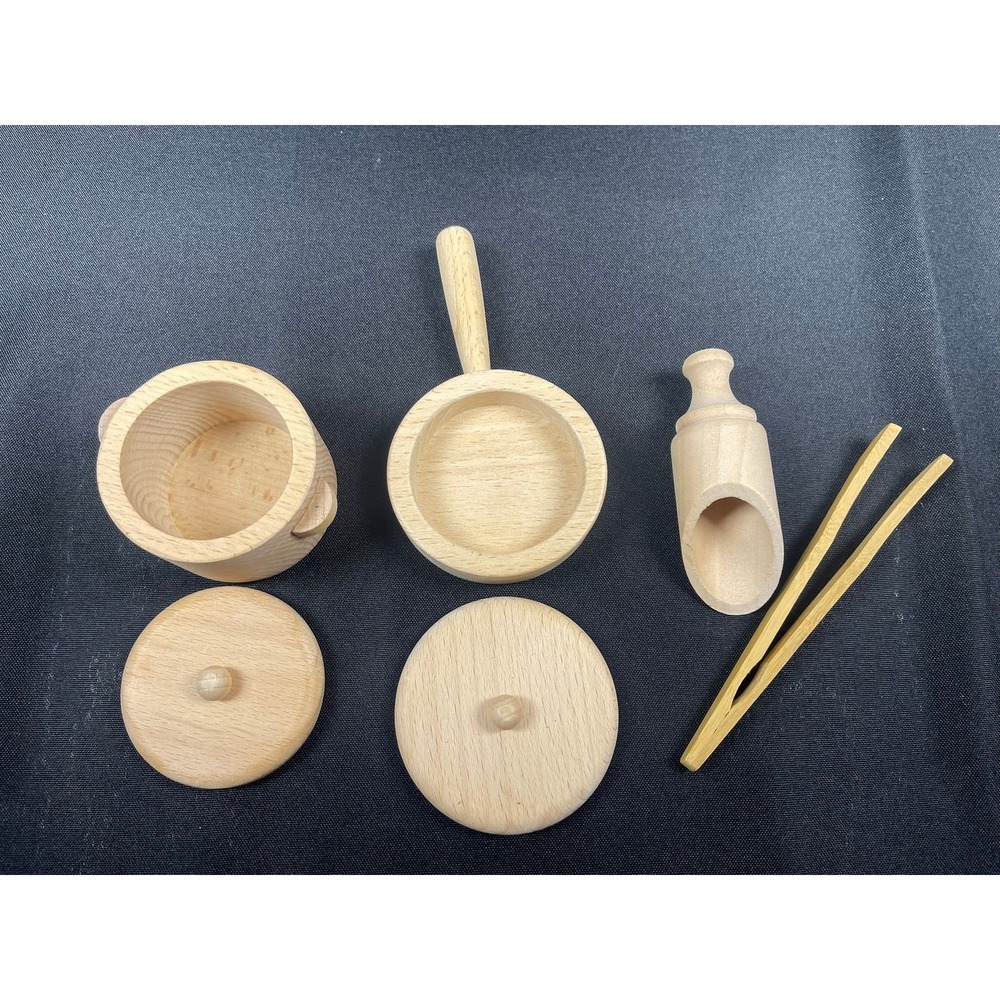 Natural Wood Sensory Play Kitchen Set Montessori Pot Pan Scoop Tongs 6pc